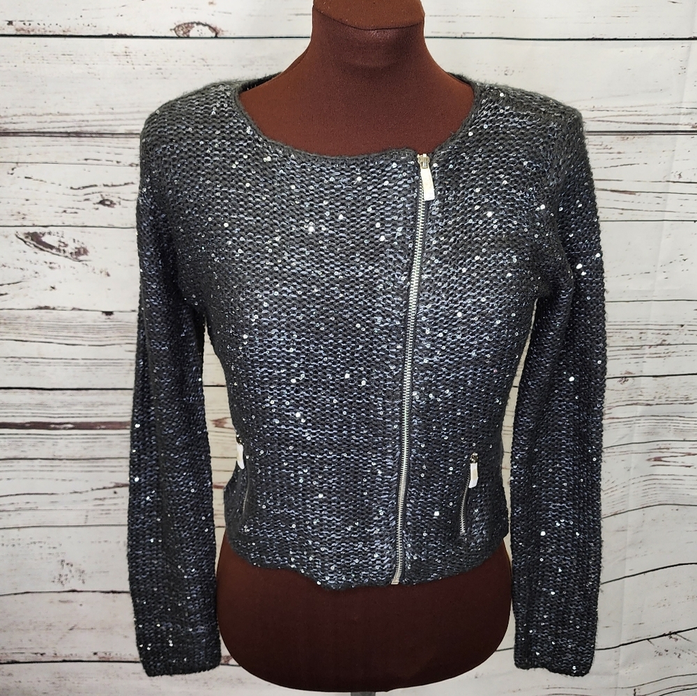 Motivi Gray Zippered Sequin Cardigan Size Small‎